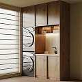 Modern Wooden Balcony Cabinet Interior with Stacked Washing Machines Countertop and Faucet Blinds