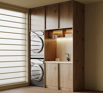 Modern Wooden Balcony Cabinet Interior with Stacked Washing Machines Countertop and Faucet Blinds 3d model