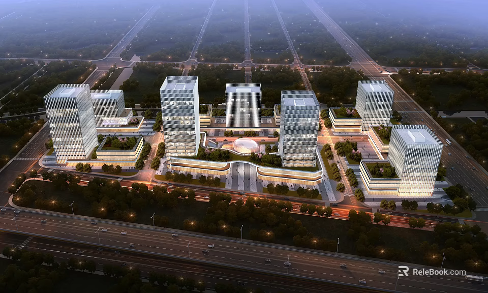 Modern Industrial Park With High Rise Glass Facade Buildings Night Lighting Greenery And Roads 3d model 
