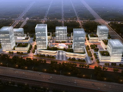 Modern Industrial Park With High Rise Glass Facade Buildings Night Lighting Greenery And Roads 3d model
