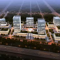 Modern Industrial Park With High Rise Glass Facade Buildings Night Lighting Greenery And Roads
