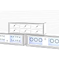 Beige Display Shelves With Drawers And Glass Door Compartments For Showcasing Items