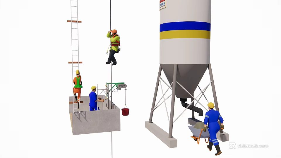 Road Infrastructure Construction Site With Workers Using Tools And Concrete Silo 3d model 