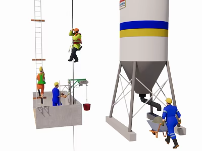 Road Infrastructure Construction Site With Workers Using Tools And Concrete Silo 3d model