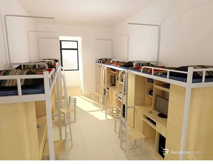 Simple Dormitory Room Interior With Bunk Beds Desks Chairs And Natural Light 3d model 