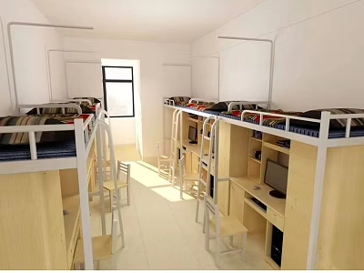 Simple Dormitory Room Interior With Bunk Beds Desks Chairs And Natural Light 3d model