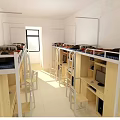 Simple Dormitory Room Interior With Bunk Beds Desks Chairs And Natural Light