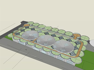 Modern Architectural Complex Featuring Circular Roofs Geometric Layout And Green Surroundings 3d model