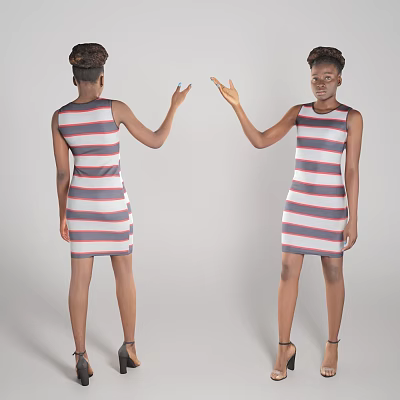 Woman Wearing Stylish Striped Sleeveless Dress In Front And Back Views 3d model