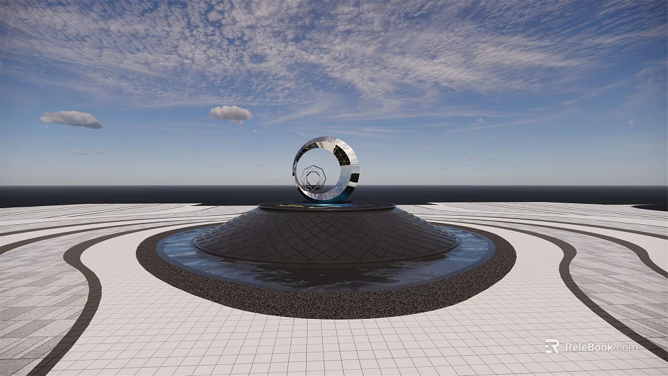 Silver Spherical Sculpture On Platform With Water Pool White Tiled Ground And Blue Sky Ocean 3d model 