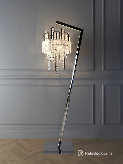 Modern Floor Lamp With Chrome Stand In Elegant Grey Paneled Interior 3d model 