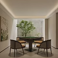 Modern Chinese Lounge Interior With Circular Cabinet And Green Plants