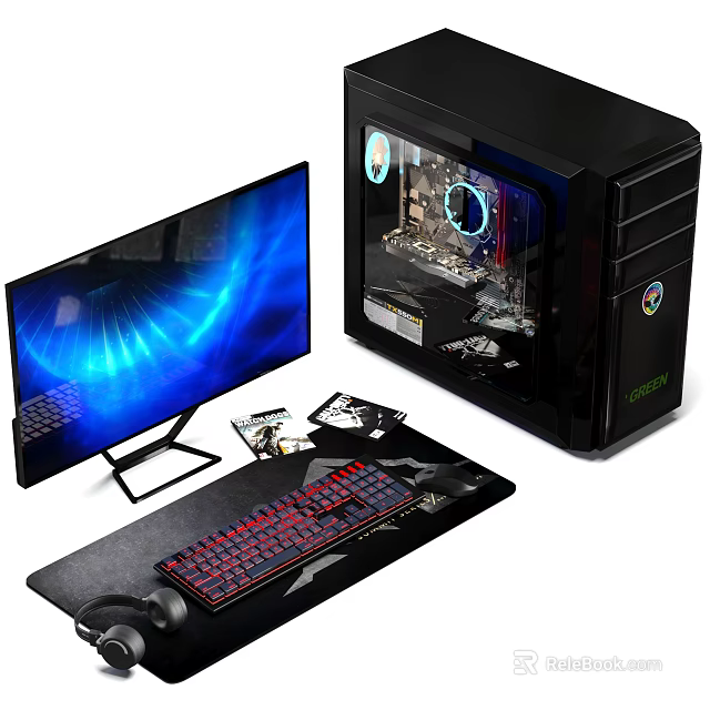 Gaming Desktop PC Setup with Transparent Case RGB Lighting Monitor and Mechanical Keyboard 3d model 