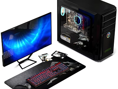 Gaming Desktop PC Setup with Transparent Case RGB Lighting Monitor and Mechanical Keyboard 3d model