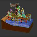 Cartoon Scene With Wooden Dock Crane Structure Playful Characters Lanterns And Barrels On Water