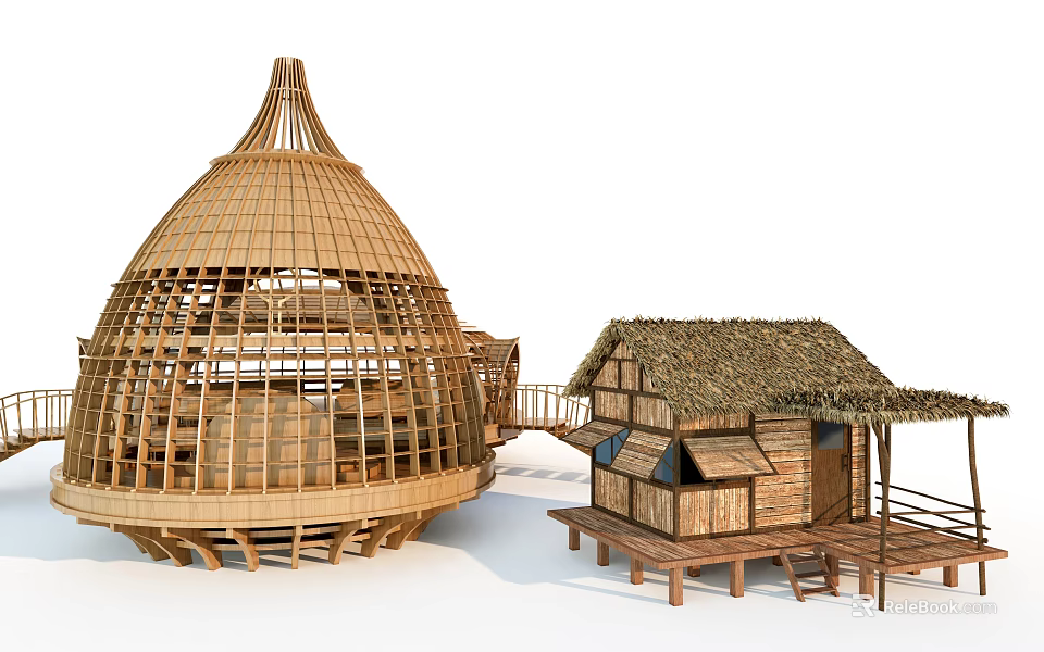 Traditional Bamboo Dome Shaped Structure And Thatched Roof Small Cottage Design 3d model 