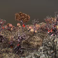 Exotic Garden Landscape With Twisted Tree Trunks Vibrant Red Blooms And Colored Foliage