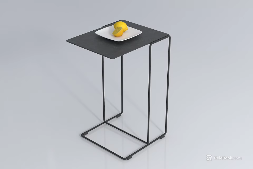 Black Metal Frame Side Table with Square Top and White Plate Lemon 3d model 