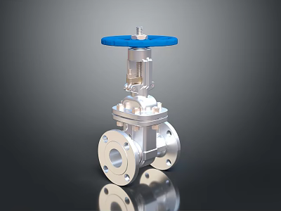 Industrial Stainless Steel Valve With Blue Handwheel Flange Connection And Reflective Surface 3d model