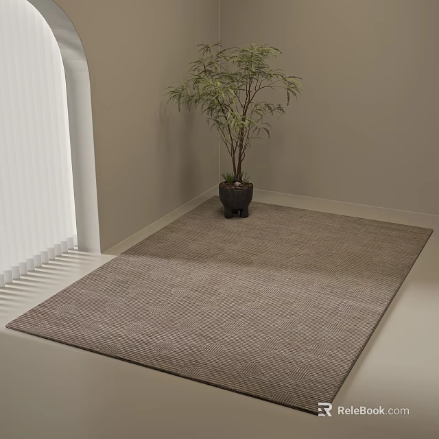 Gray Textured Square Rug in Modern Room Corner with Green Plant and Blinds 3d model 
