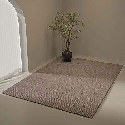 Gray Textured Square Rug in Modern Room Corner with Green Plant and Blinds 3d model