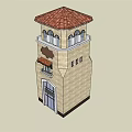 Classical Stone Tower with Arched Windows Decorative Top and Entrance Door