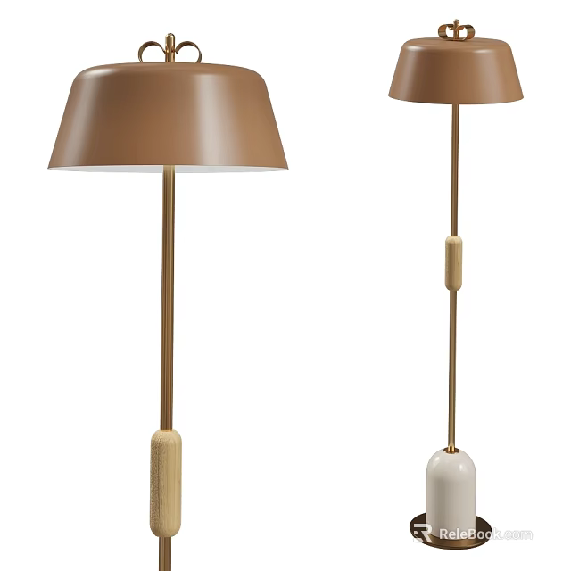 Modern Floor Lamp With Brown Lampshade Gold Stand And Wooden White Bases For Living Room 3d model 