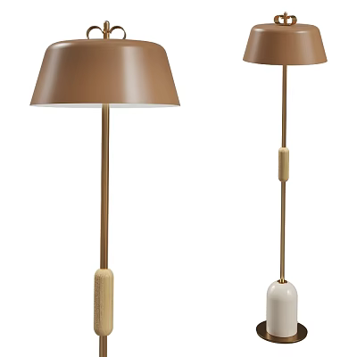 Modern Floor Lamp With Brown Lampshade Gold Stand And Wooden White Bases For Living Room 3d model