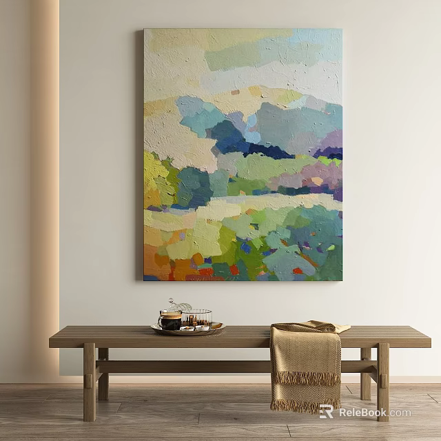 Colorful Abstract Landscape Painting With Mixed Color Blocks Hanging On Wall 3d model 