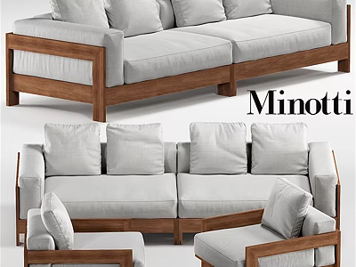 Minotti Modern Two Seater Sofa With Wooden Frame And Light Gray Cushions 3d model
