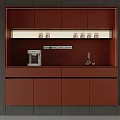 Modern Red Sideboard Cabinet Against Dark Gray Wall With Coffee Machine And Storage Countertop