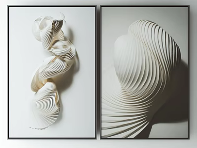 White Sculptural Wall Art With Textured Folds In Black Framed 3d model