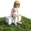 Doll Sitting on White Cube in Pink T-shirt With World Adventure Text Blue Sky Clouds