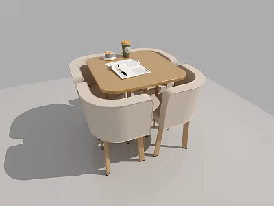Modern Wooden Dining Table Set With Four Light Colored Chairs Coffee Cup And Open Book 3d model