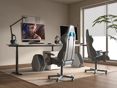 Modern Dual Monitor Computer Setup With Ergonomic Chairs Headphones On Desk 3d model
