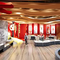 Traditional Cultural Center Interior With Wooden Floors Wall Decorations And Chinese Inscriptions