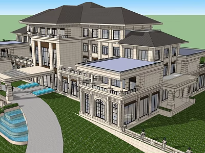 European Style Architecture Grand Villa With Black Roof Arched Windows And Lush Lawn 3d model