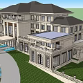European Style Architecture Grand Villa With Black Roof Arched Windows And Lush Lawn