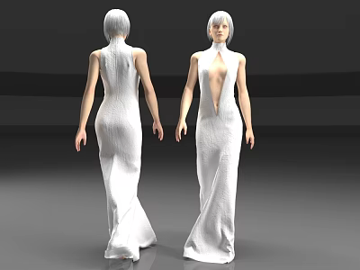 Elegant Woman With White Hair In Long White Dress Back And Front View Gray Background 3d model