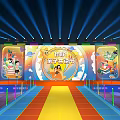 Vibrant Dream Stage With Colorful Lights Cartoon Decorations And Purple Seats For Kids