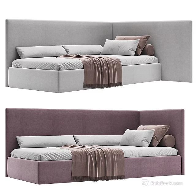 Modern Kids Bed With Upholstered Headboard Soft Pillows And Cozy Blanket 3d model 