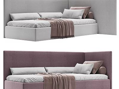 Modern Kids Bed With Upholstered Headboard Soft Pillows And Cozy Blanket 3d model