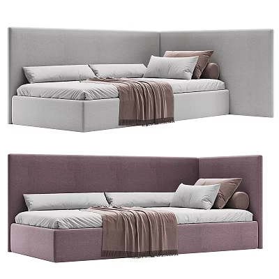 Modern Kids Bed With Upholstered Headboard Soft Pillows And Cozy Blanket 3d model