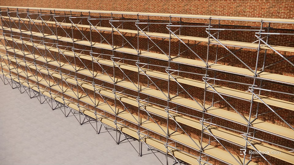 Metal Scaffolding Structure With Wooden Platforms Along Red Brick Wall 3d model