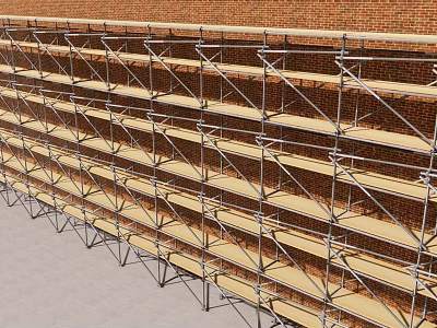 Metal Scaffolding Structure With Wooden Platforms Along Red Brick Wall 3d model