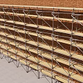 Metal Scaffolding Structure With Wooden Platforms Along Red Brick Wall 3d model