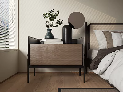 Modern Wooden Side Table With Black Frame Vase Green Plant And Mirror By Bedroom Bed 3d model
