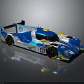 Blue and White Race Car with Yellow Accents Number 169 Streamlined Design and Reflection