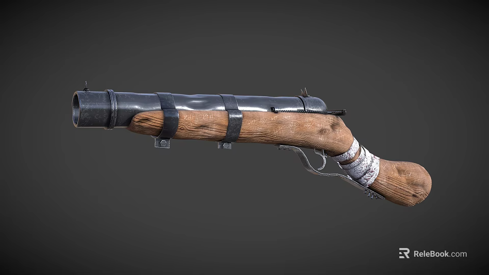 Vintage Flintlock Musket With Wooden Stock Black Straps Metal Barrel And White Wrapped Band 3d model 