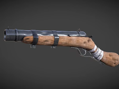 Vintage Flintlock Musket With Wooden Stock Black Straps Metal Barrel And White Wrapped Band 3d model